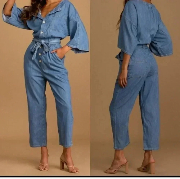 Free People Cotton Blend Loco Blue Button Down Oversized Marley Jumpsuit(XS)NWT - Picture 12 of 12